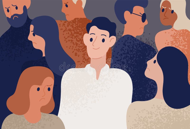 Jeune homme heureux et satisfaisant entouré par les personnes déprimées, malheureuses, tristes et fâchées Personne de sourire dan illustration libre de droits Jeune homme heureux et satisfaisant entouré par les personnes déprimées, malheureuses, tristes et fâchées Personne de sourire dan illustration libre de droits