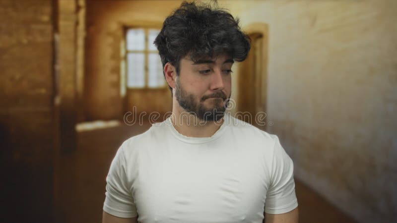 Jeune homme hispanique barbe faisant preuve de scepticisme devant le vieux bâtiment de l'université avec un arrière-plan flou clips vidéos