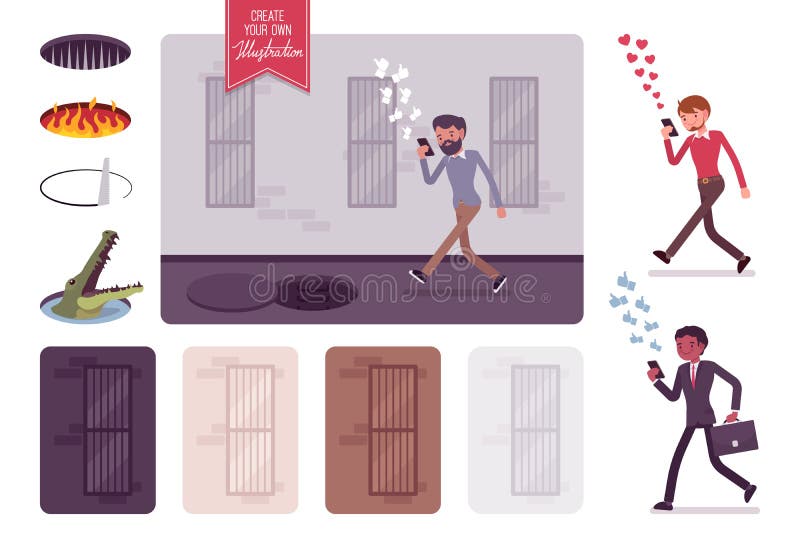 Jeune homme marche sans souci avec le danger invisible de téléphone à l'avant illustration stock