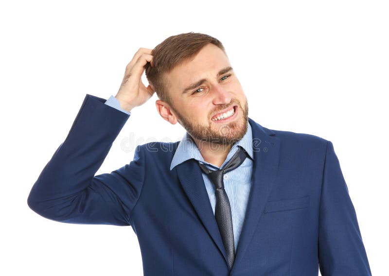 Jeune homme rayant la tête sur le fond blanc photos libres de droits Jeune homme rayant la tête sur le fond blanc photos libres de droits