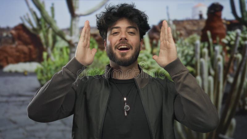 Jeune homme à la barbe faisant un geste de cadre au parc entouré de verdure représentant un concept créatif extérieur banque de vidéos