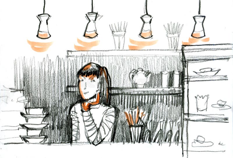 Jeune jolie femme, fille dans la barre Le croquis de barmaid de fille Café Illustration tirée par la main illustration stock Jeune jolie femme, fille dans la barre Le croquis de barmaid de fille Café Illustration tirée par la main illustration stock