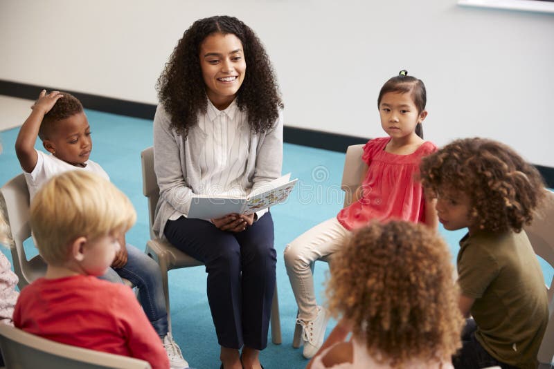 Jeune maître d'école féminin lisant un livre aux enfants de jardin d'enfants, s'asseyant sur des chaises en cercle dans la salle images libres de droits Jeune maître d'école féminin lisant un livre aux enfants de jardin d'enfants, s'asseyant sur des chaises en cercle dans la salle images libres de droits