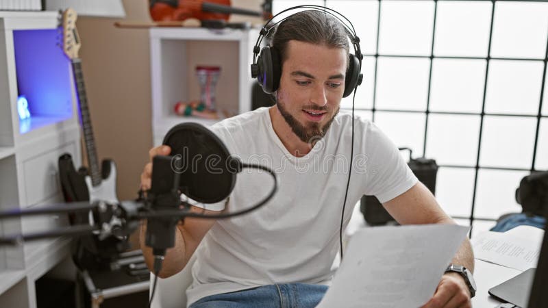 Jeune musicien hispanique chantant une chanson souriante au studio radio