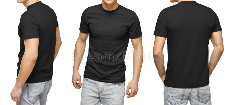 Jeune mâle dans le T-shirt noir vide, l'avant et la vue arrière, fond blanc Concevez le calibre et la maquette de T-shirt d'homme