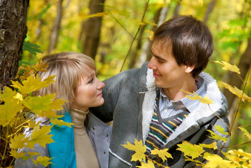 Jeunes couples affectueux dans la forêt d'automne images libres de droits Jeunes couples affectueux dans la forêt d'automne images libres de droits