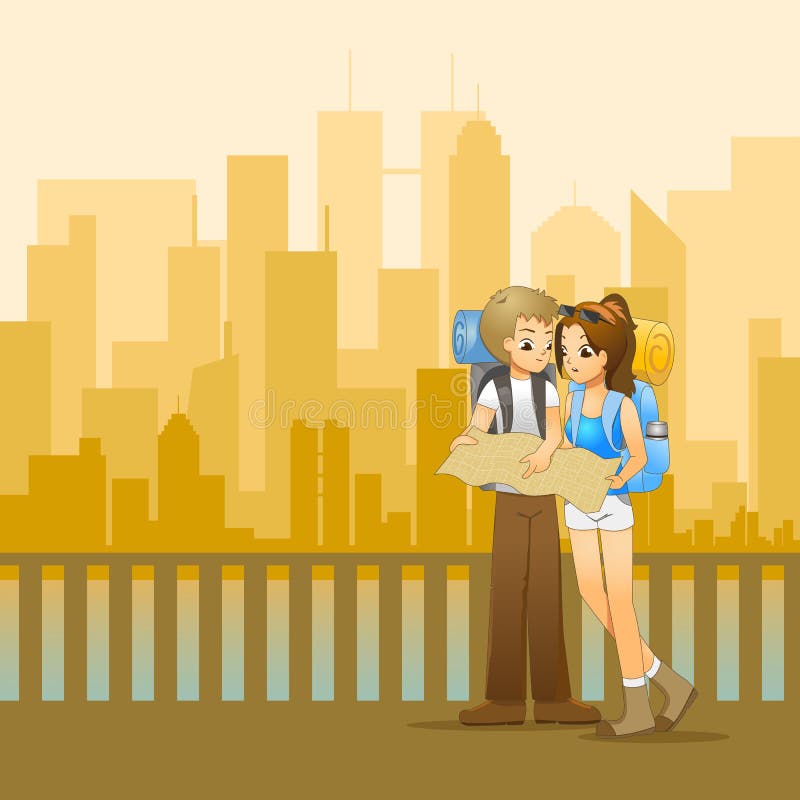 Jeunes couples des randonneurs prévoyant l'itinéraire illustration stock Jeunes couples des randonneurs prévoyant l'itinéraire illustration stock