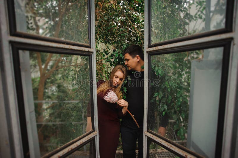 Jeunes couples en serre chaude ne regardant pas in camera photographie stock Jeunes couples en serre chaude ne regardant pas in camera photographie stock