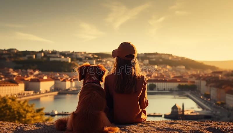 Young women sitting outdoors, embracing, looking at sunset, dog beside generated by artificial intelligence AI generated. Young women sitting outdoors, embracing, looking at sunset, dog beside generated by artificial intelligence AI generated