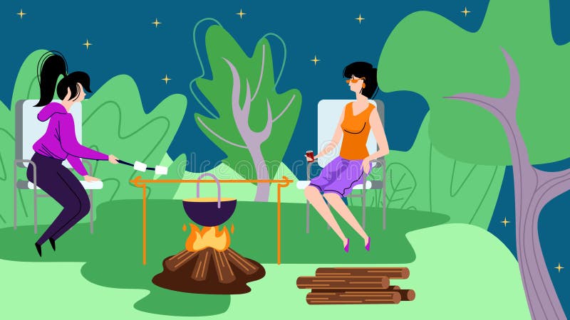Jeunes femmes s'asseyant dans la colonie de vacances près du feu de camp illustration libre de droits Jeunes femmes s'asseyant dans la colonie de vacances près du feu de camp illustration libre de droits