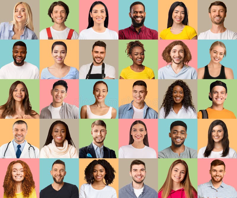 Jeunes gens multiculturels qui se posent au-dessus de milieux colorés collage créatif image stock