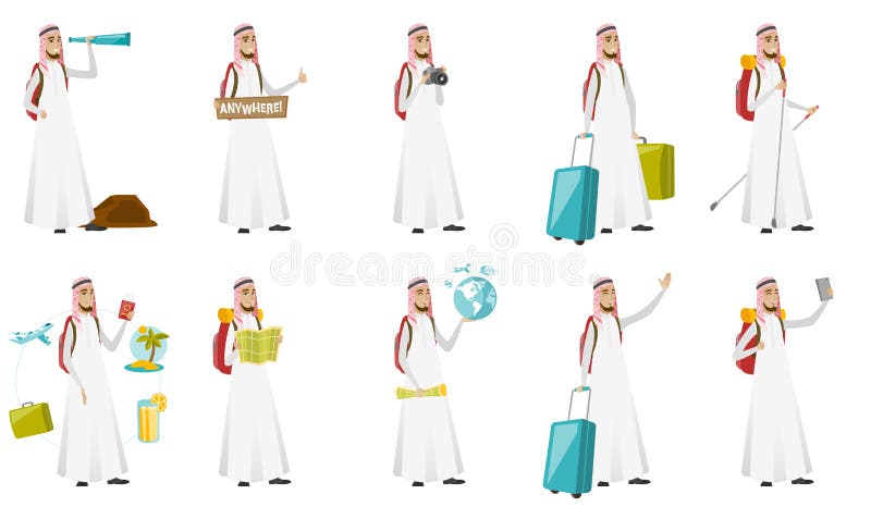 Jeunes illustrations musulmanes de vecteur d'homme de voyageur réglées illustration libre de droits Jeunes illustrations musulmanes de vecteur d'homme de voyageur réglées illustration libre de droits