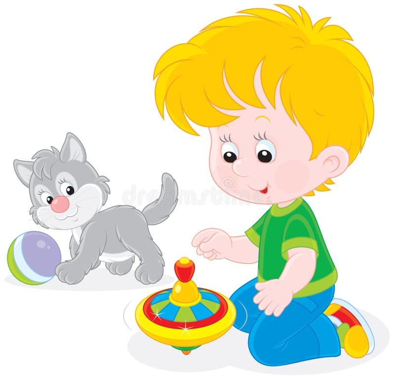 Jeux de garçon avec une toupie et un chaton illustration libre de droits Jeux de garçon avec une toupie et un chaton illustration libre de droits