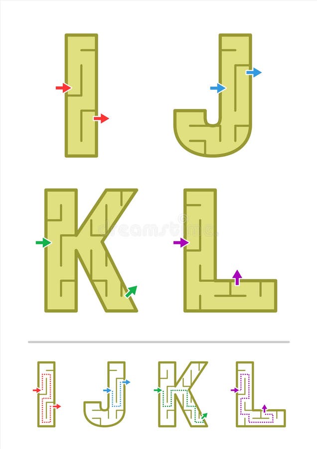 Jeux de labyrinthe d'alphabet I, J, K, L