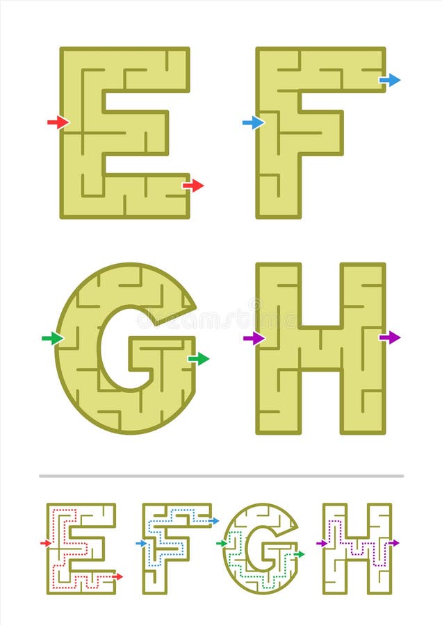 Jeux E, F, G, H de labyrinthe d'alphabet
