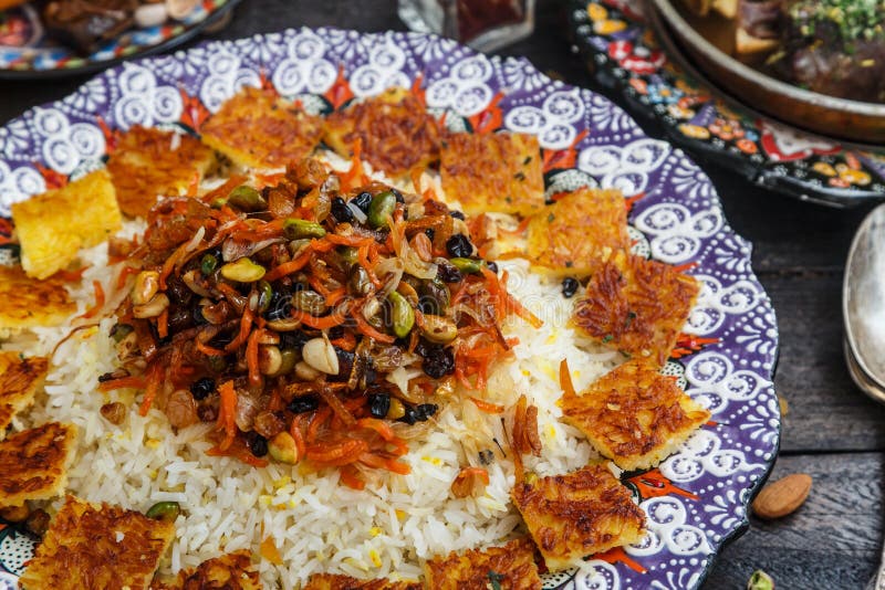 Jeweled Rice Close View, Iranian Pilaf with Tahdig Stock Photo Image