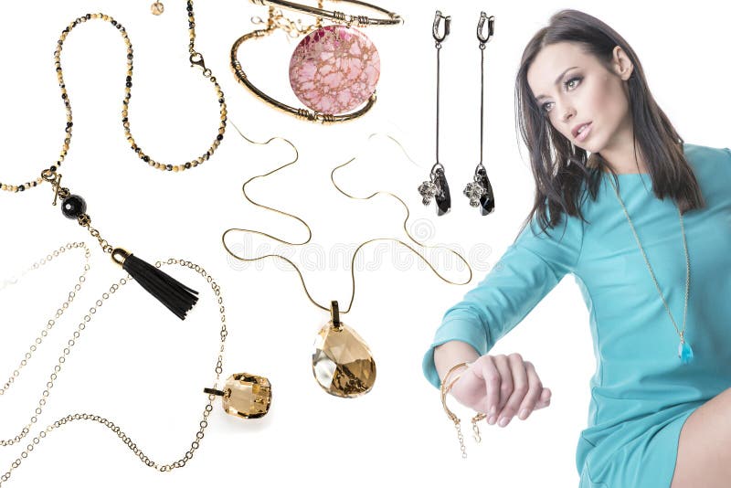 Jewellery collage with beautiful brunette model