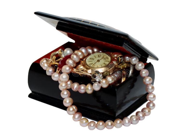 Jewelry box with beads, pearls and jewellery isolated on white background.