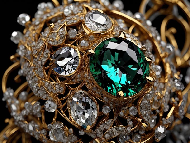 Jewelry Ring with Emerald on Black Background, Ai Generated Stock