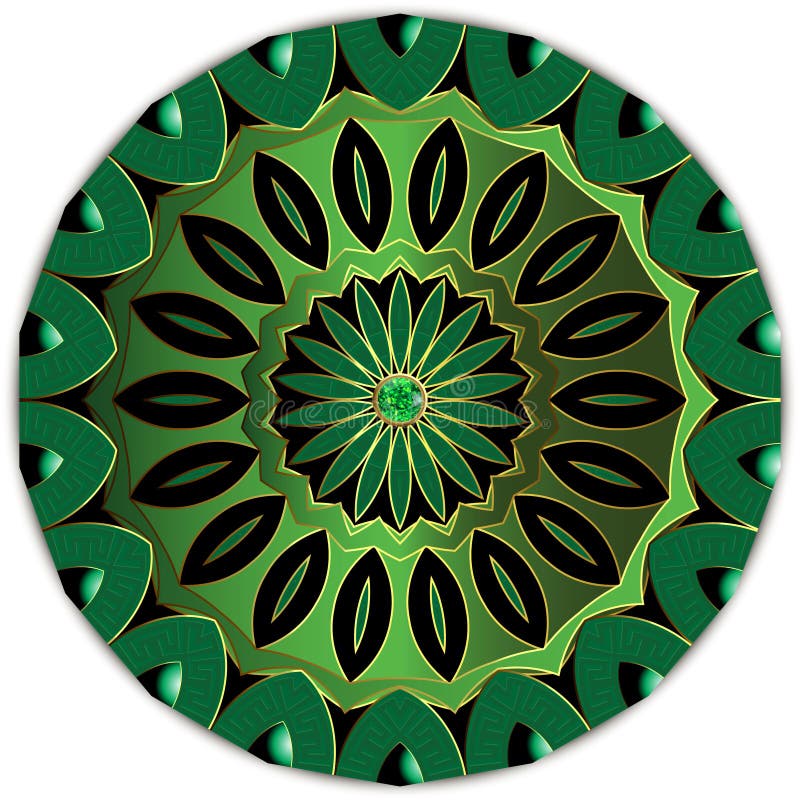 Jewelry round floral mandala pattern. Greek style luxury green 3d ornament with emerald gem stone. Beautiful design on white