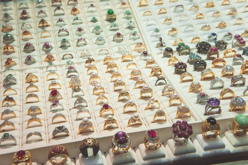 Jewelry in Showcase Diamond Ring , Jewelry Store for Sale Ring. Stock Image Image of design