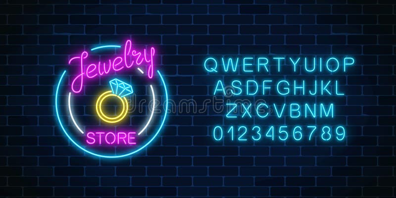 Jewelry store glowing neon signboard with alphabet. Bijou shop advertisement shining sign. vector illustration Jewelry store glowing neon signboard with alphabet. Bijou shop advertisement shining sign. vector illustration