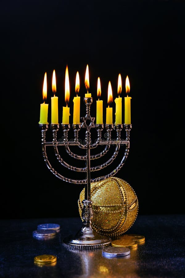 Jewish holiday Hanukkah creative background with menorah. View from above focus on . Overhead, page.