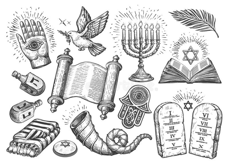 Jewish set. Religion concept sketch vector illustration. Torah scroll, Menorah, Shofar, Tablets with commandments stock illustration