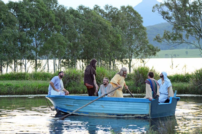 Each year at Lake Moogerah on the Scenic Rim of Queensland, Australia at Easter time a live play is put on which has free entry is the re-enactment of the passion of Christ and the time up to his crucifixion. These men are acting the part of Jesus disciples, fishermen, when they crossed the river. The actors are superb and all volunteer for this each year, which attracts thousands of people and tourists from all states of Australia and international tourists and sightseers from overseas. Each year at Lake Moogerah on the Scenic Rim of Queensland, Australia at Easter time a live play is put on which has free entry is the re-enactment of the passion of Christ and the time up to his crucifixion. These men are acting the part of Jesus disciples, fishermen, when they crossed the river. The actors are superb and all volunteer for this each year, which attracts thousands of people and tourists from all states of Australia and international tourists and sightseers from overseas.