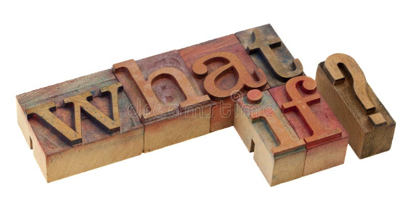 What if question - words in vintage letterpress printing blocks, stained by color inks, isolated on white. What if question - words in vintage letterpress printing blocks, stained by color inks, isolated on white