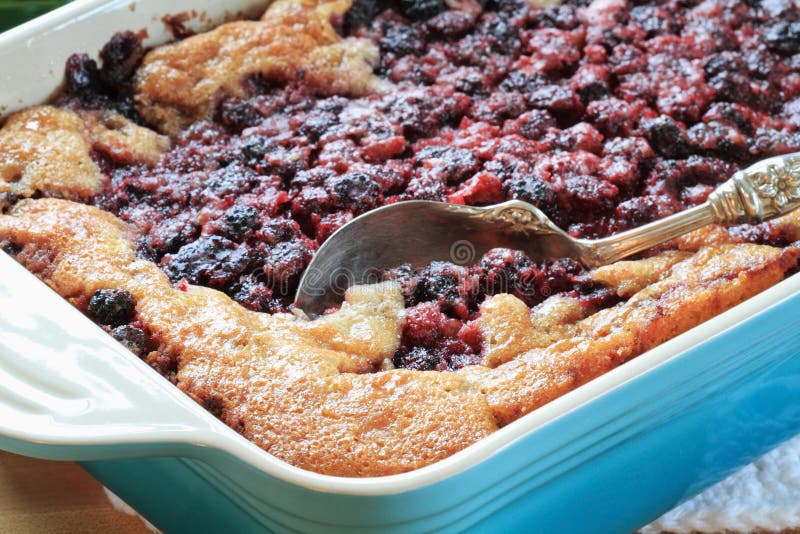 Macro of Blackberry Cobbler. Extreme shallow DOF with selective focus on lower corner of dish on golden crust and berries near spoon. Macro of Blackberry Cobbler. Extreme shallow DOF with selective focus on lower corner of dish on golden crust and berries near spoon.