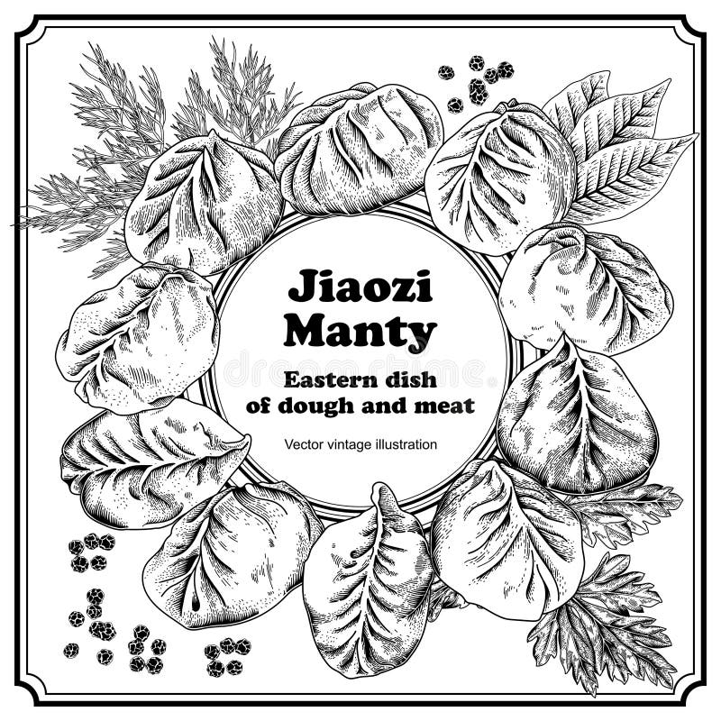 Jiaozi Manty Bolas de masa hervida de la carne Platos nacionales stock de ilustración Jiaozi Manty Bolas de masa hervida de la carne Platos nacionales stock de ilustración