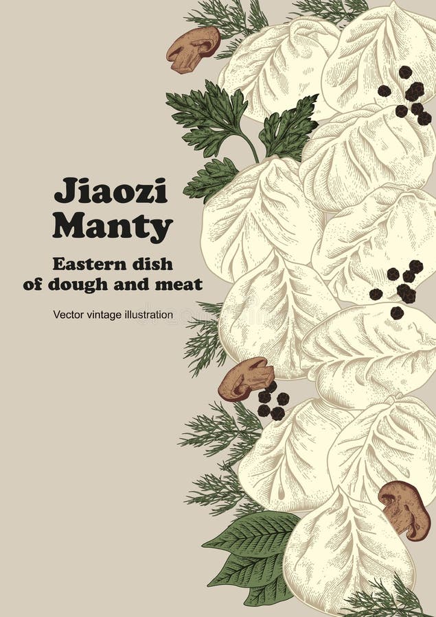 Jiaozi Manty Gnocchi della carne Piatti nazionali illustrazione vettoriale Jiaozi Manty Gnocchi della carne Piatti nazionali illustrazione vettoriale