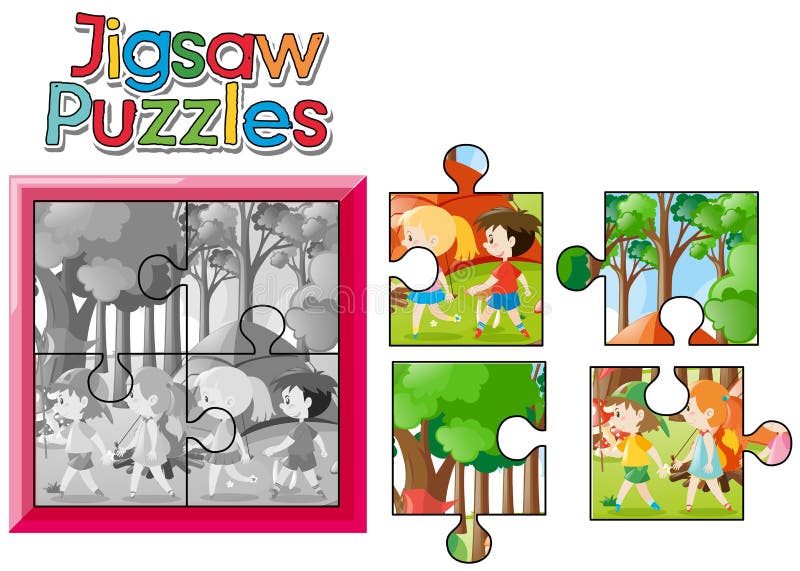 Jigsaw puzzle game with kids camping out stock illustration Jigsaw puzzle game with kids camping out stock illustration