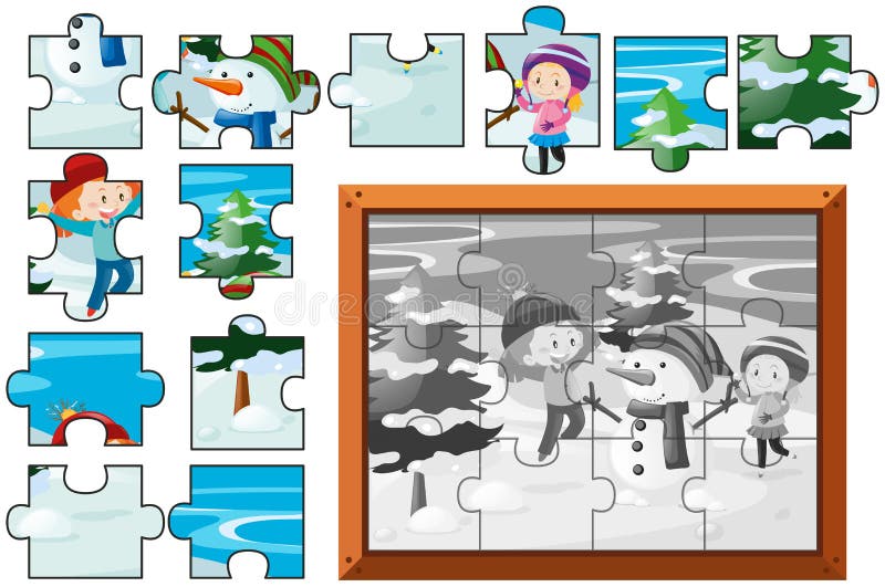 Jigsaw puzzle game with kids in park Royalty Free Vector