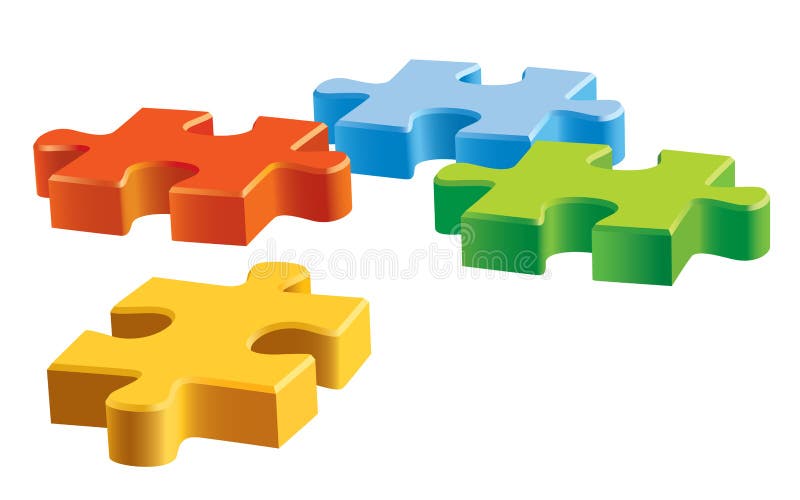 Several colorful pieces of jigsaw puzzle over a white background.