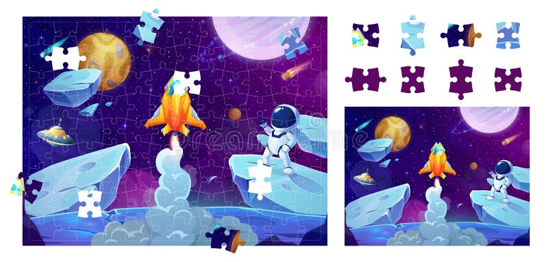 Jigsaw Puzzle Space Game Astronaut and Spaceship Stock Vector ...
