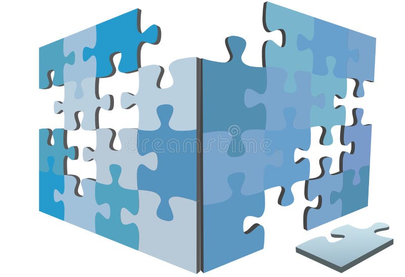 Blue jigsaw Puzzle pieces as sides or walls of 3D solution box and a piece on the floor. Blue jigsaw Puzzle pieces as sides or walls of 3D solution box and a piece on the floor.