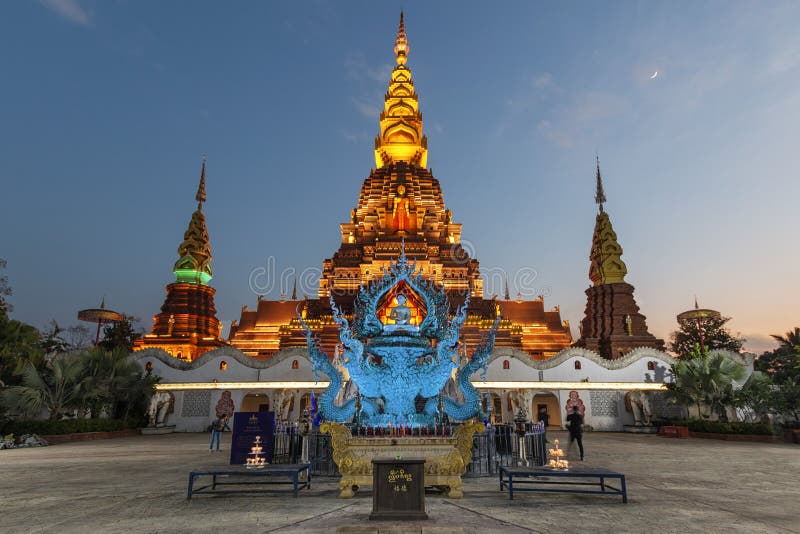 Jinghong, China - December 30, 2019: Big Golden Pagoda in Jinghong, Xishuangbanna, at dusk also called Dajin Pagoda