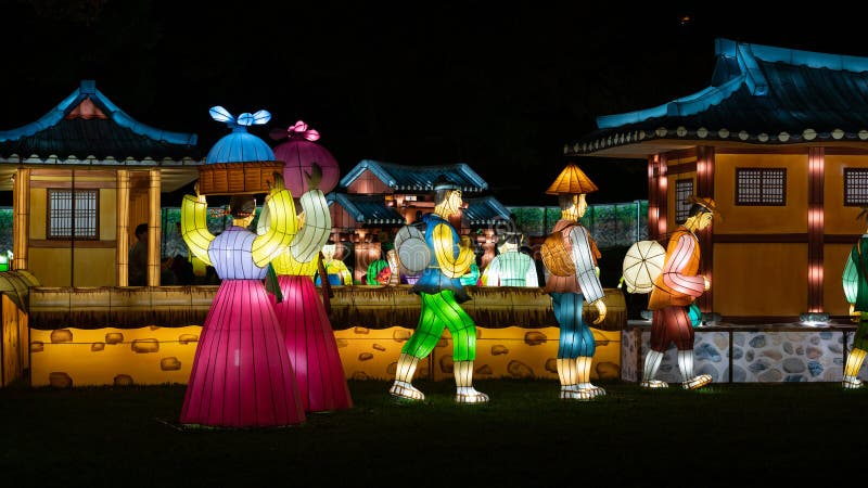 Jinju Namgang Yudeung or lanterns festival with lanterns representing traditional life in Jinju fortress South Korea