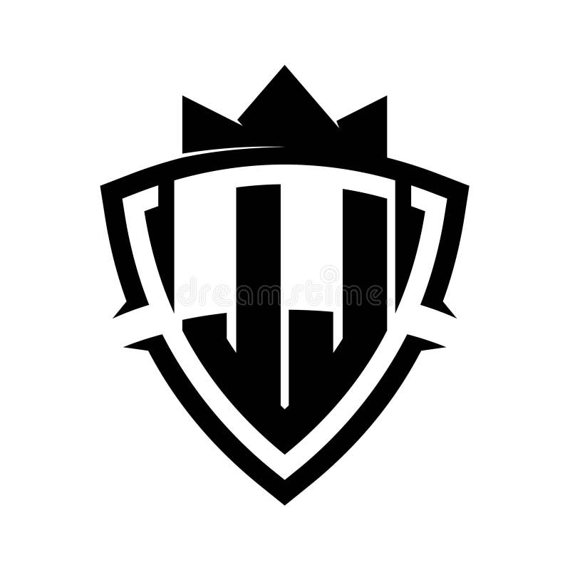JJ Letter bold monogram triangle curve shield shape with crown black and white background color design vector illustration