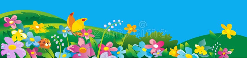 Joaninha e borboleta O campo da natureza com grama verde, as flores no prado e as gotas da água orvalham nas folhas verdes verão
