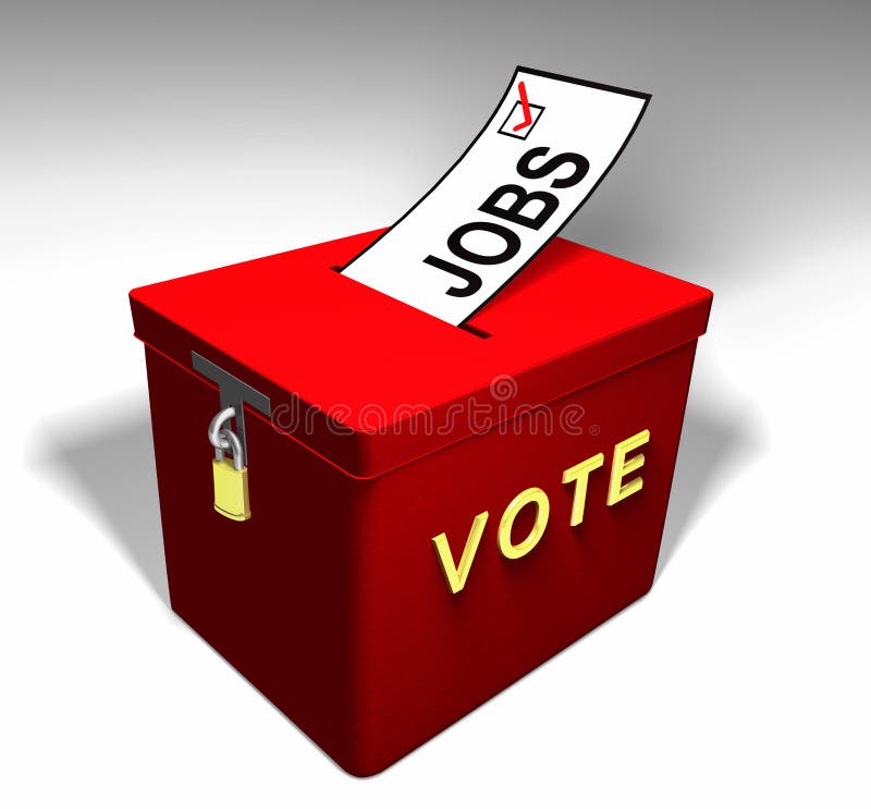 Red Ballot Box encouraging one to vote for a jobs topic on the ballot. Red Ballot Box encouraging one to vote for a jobs topic on the ballot