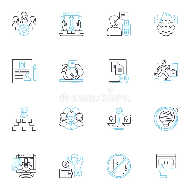 Job evaluation linear icons set. Compensation, Appraisal, Salary, Analysis, Ranking, Grades, Classification line vector stock illustration