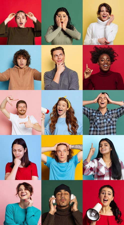 Collage, set of portraits of expressive male and female models, multiethnic group. Human emotions, facial expression royalty free stock images