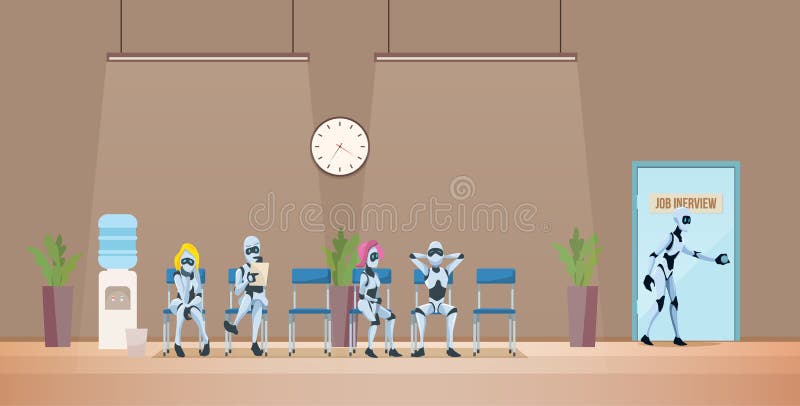 Job Interview Recruiting and Robots. Vector. stock illustration