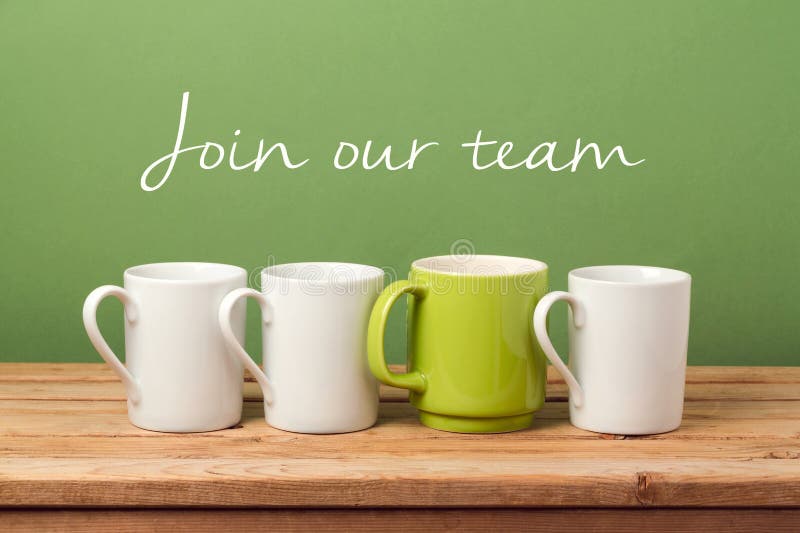 Job recruit concept with coffee cups and text `Join our team`. Business background royalty free stock photography Job recruit concept with coffee cups and text `Join our team`. Business background royalty free stock photography