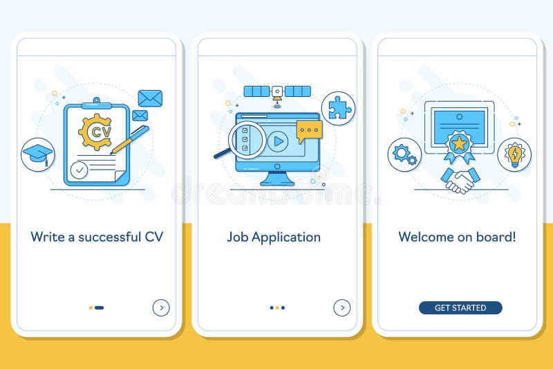 Job searching onboarding mobile app page screen with linear concepts, Write CV, apply job, interview, getting work steps vector illustration Job searching onboarding mobile app page screen with linear concepts, Write CV, apply job, interview, getting work steps vector illustration