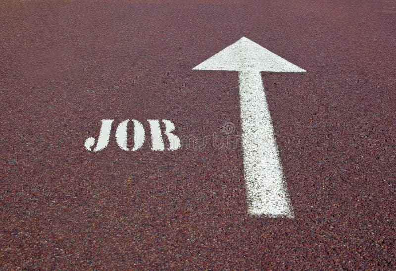 Job written near a white arrow on asphalt showing the direction to find a job. Job written near a white arrow on asphalt showing the direction to find a job