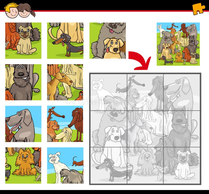 Joc puzzle cu câini. Ilustrarea caricaturizării activităților educative de puzzle pentru copiii preșcolari cu personaje animale din câini